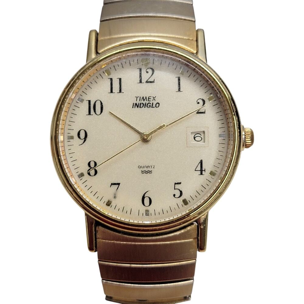 Vintage Timex Indiglo Mens Watch Gold Tone Date Stretch Expansion Band